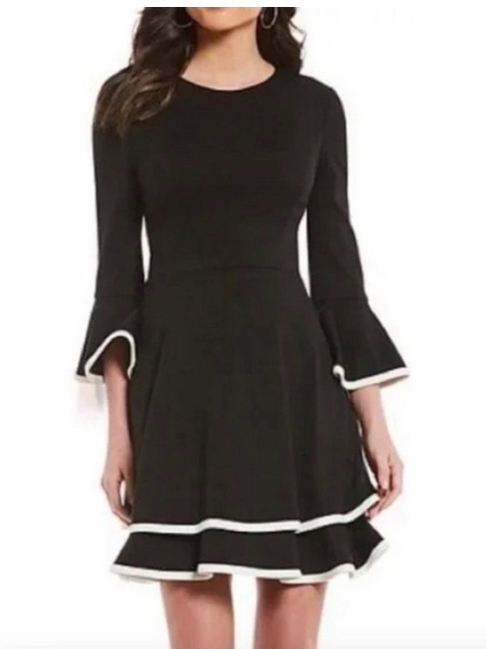 Eliza J Black Long-Sleeve Fit-and-Flare Dress with White Trim